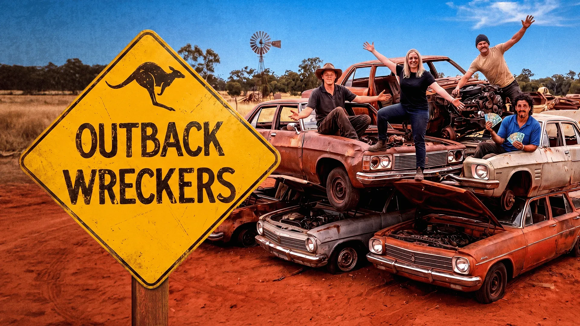 Four people stood on rusty cars in Australian outback for the show Outback Wreckers