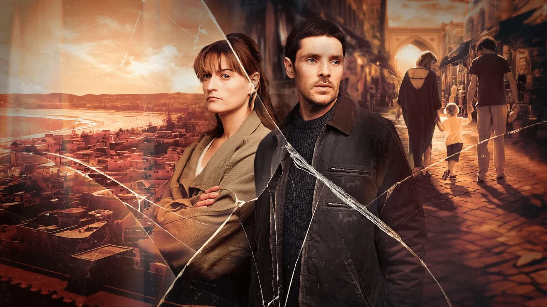 Two people in a tense drama poster with split scenes of a coastal town and crowded street, cracked glass effect, The Boy That Never Was