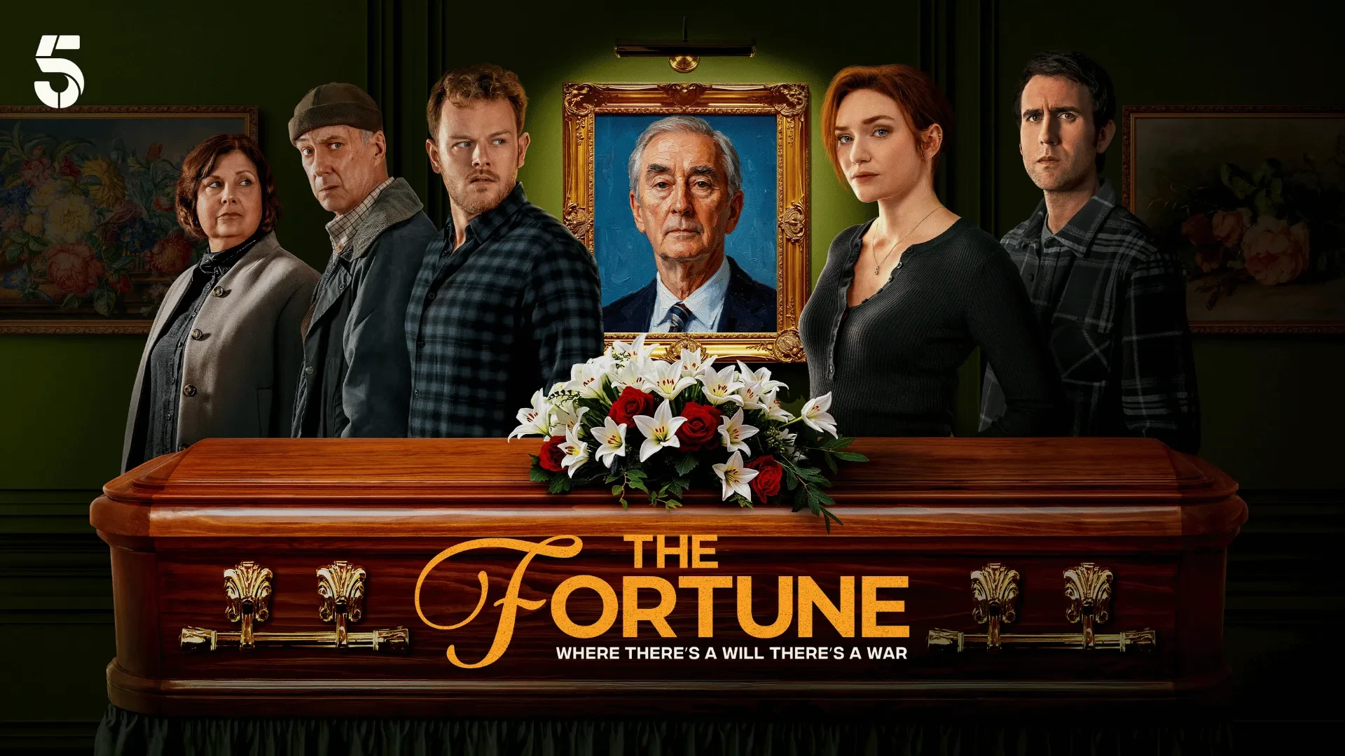 Group of people standing beside a coffin in a dimly lit room with a portrait and floral arrangement, dramatic TV series scene