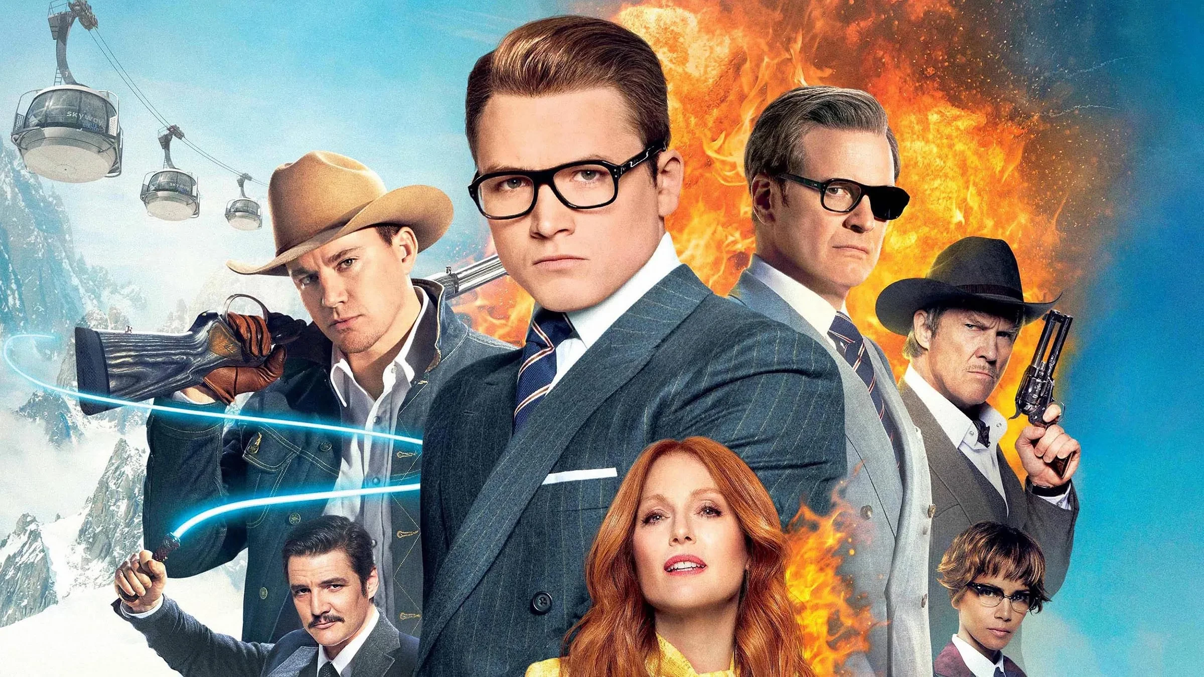 Promotional image for Kingsman: The Golden Circle shows including Taron Egerton, Colin Firth, Julianne Moore, Channing Tatum, Halle Berry, Pedro Pascal, and Jeff Bridges.