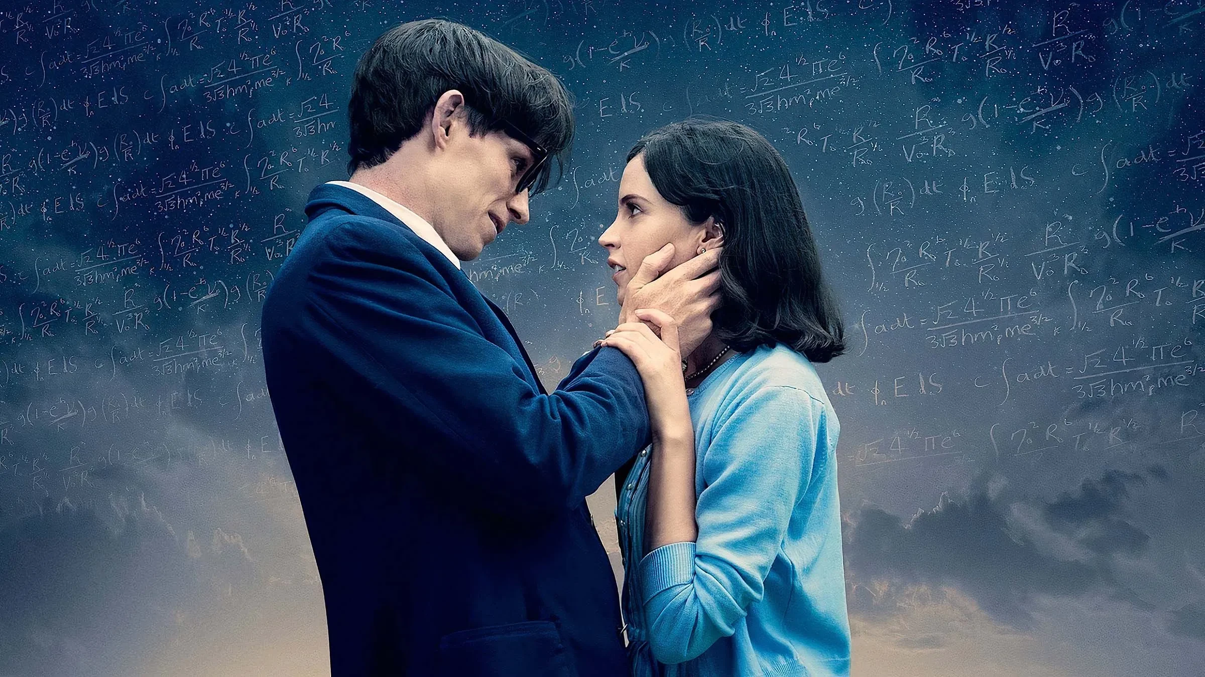  Promotional image for the 2014 biographical drama The Theory of Everything, featuring Eddie Redmayne as Stephen Hawking and Felicity Jones as Jane Hawking