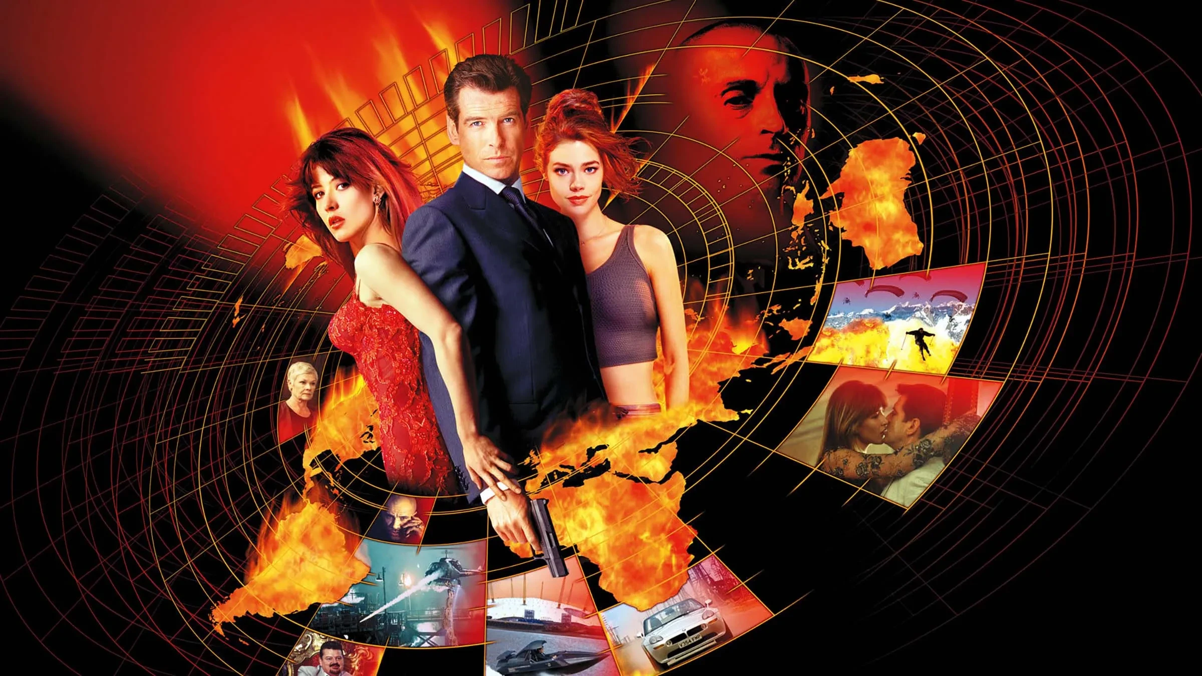 Promotional image for the 1999 James Bond film The World Is Not Enough, featuring Pierce Brosnan, Sophie Marceau, and Denise Richards