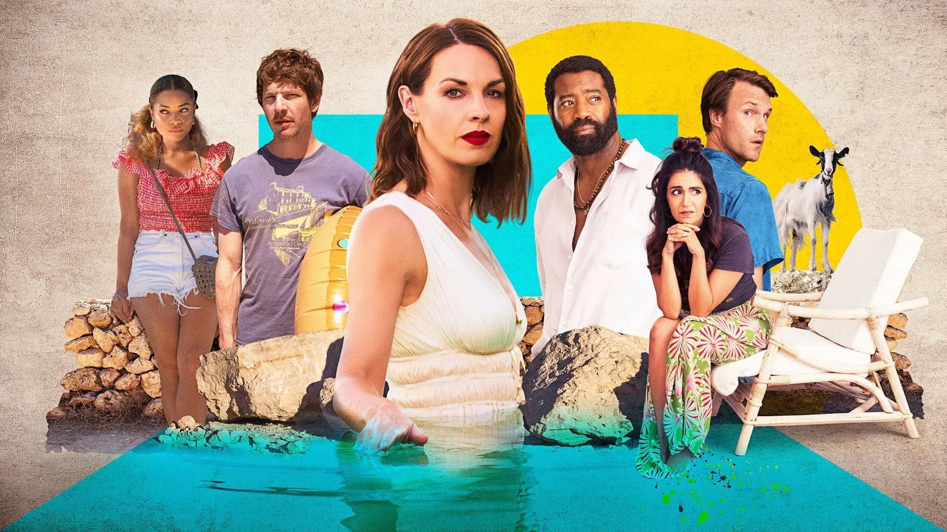 Promotional artwork for the drama series Two Weeks in August, showing a group of people arranged outdoors around stone walls and water, with bold graphic sun shapes and summer-themed styling in the background.