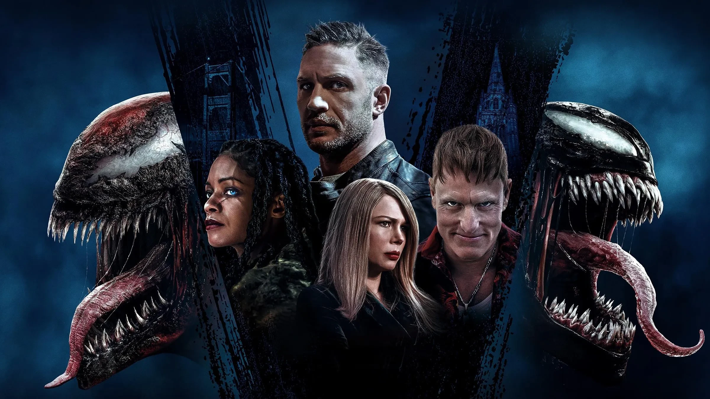 Promotional image for the 2021 film Venom: Let There Be Carnage shows Tom Hardy, Woody Harrelson, Michelle Williams, and Naomie Harris