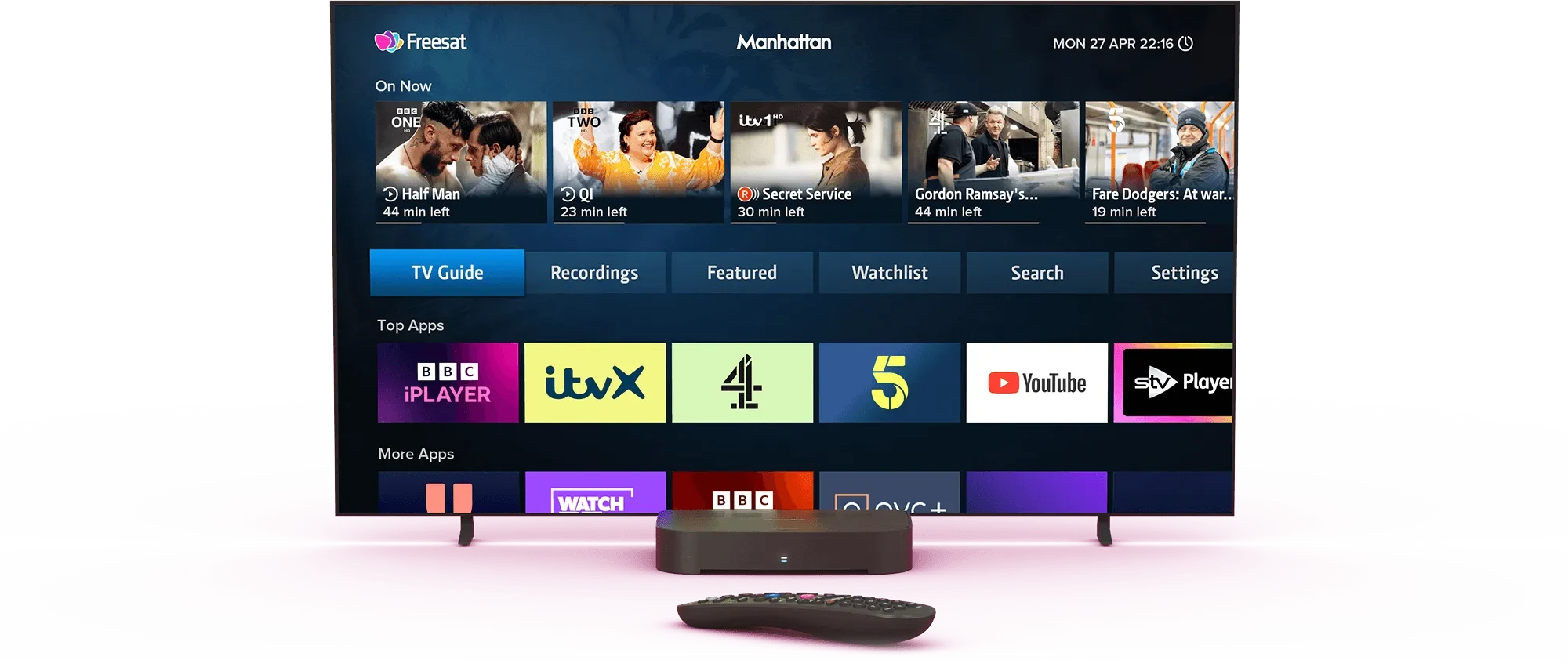 A photograph showing the Freesat S4-R UI and box