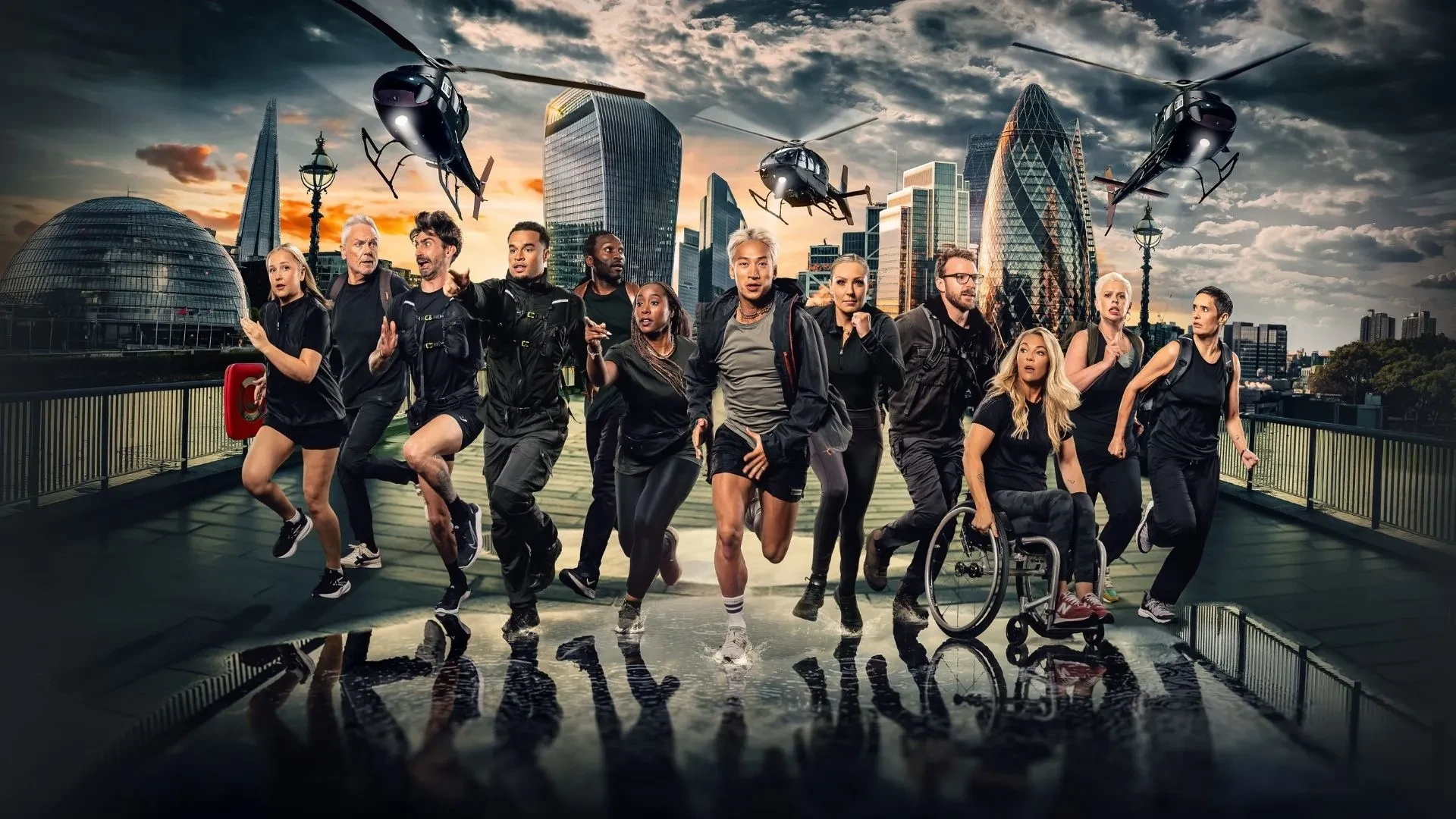 Contestants run across a London riverside location with helicopters overhead and the city skyline in the background, capturing the high-stakes pursuit of a celebrity reality competition