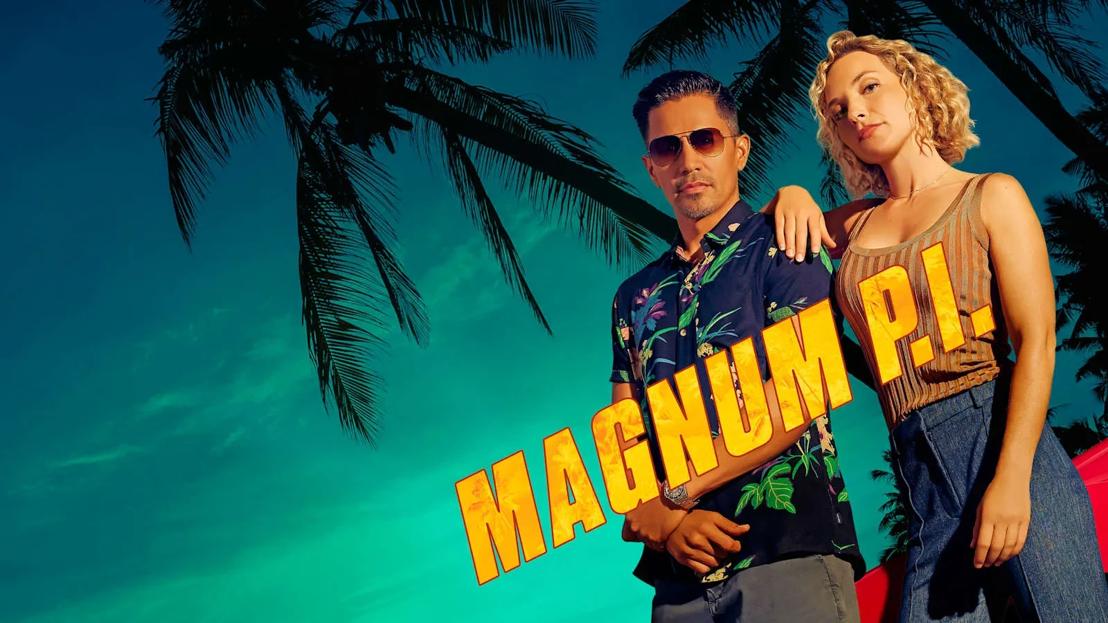 Magnum PI image shows Jay Hernandez and Perdita Weeks