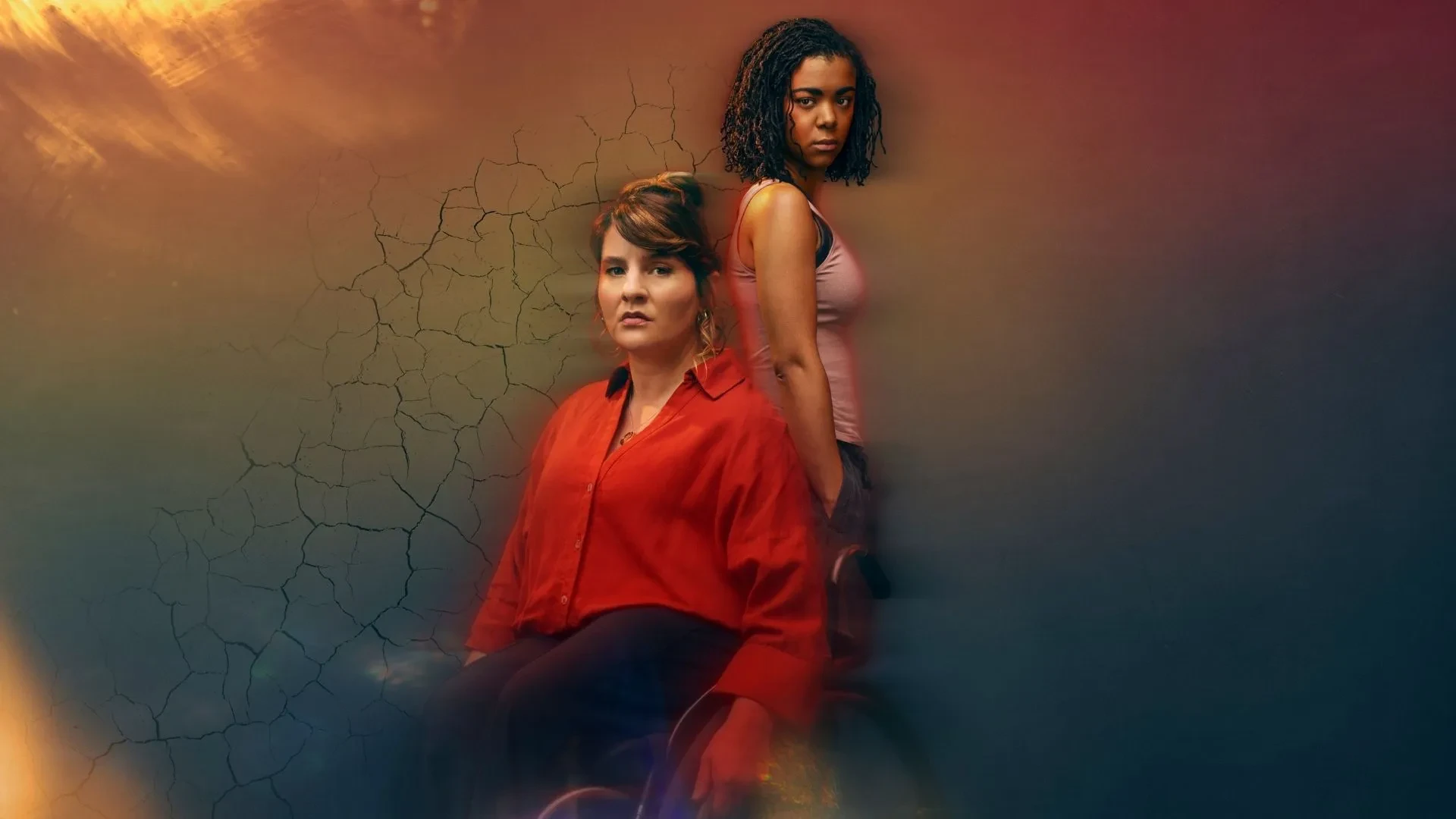Promotional artwork featuring two characters in a psychological mystery drama.
