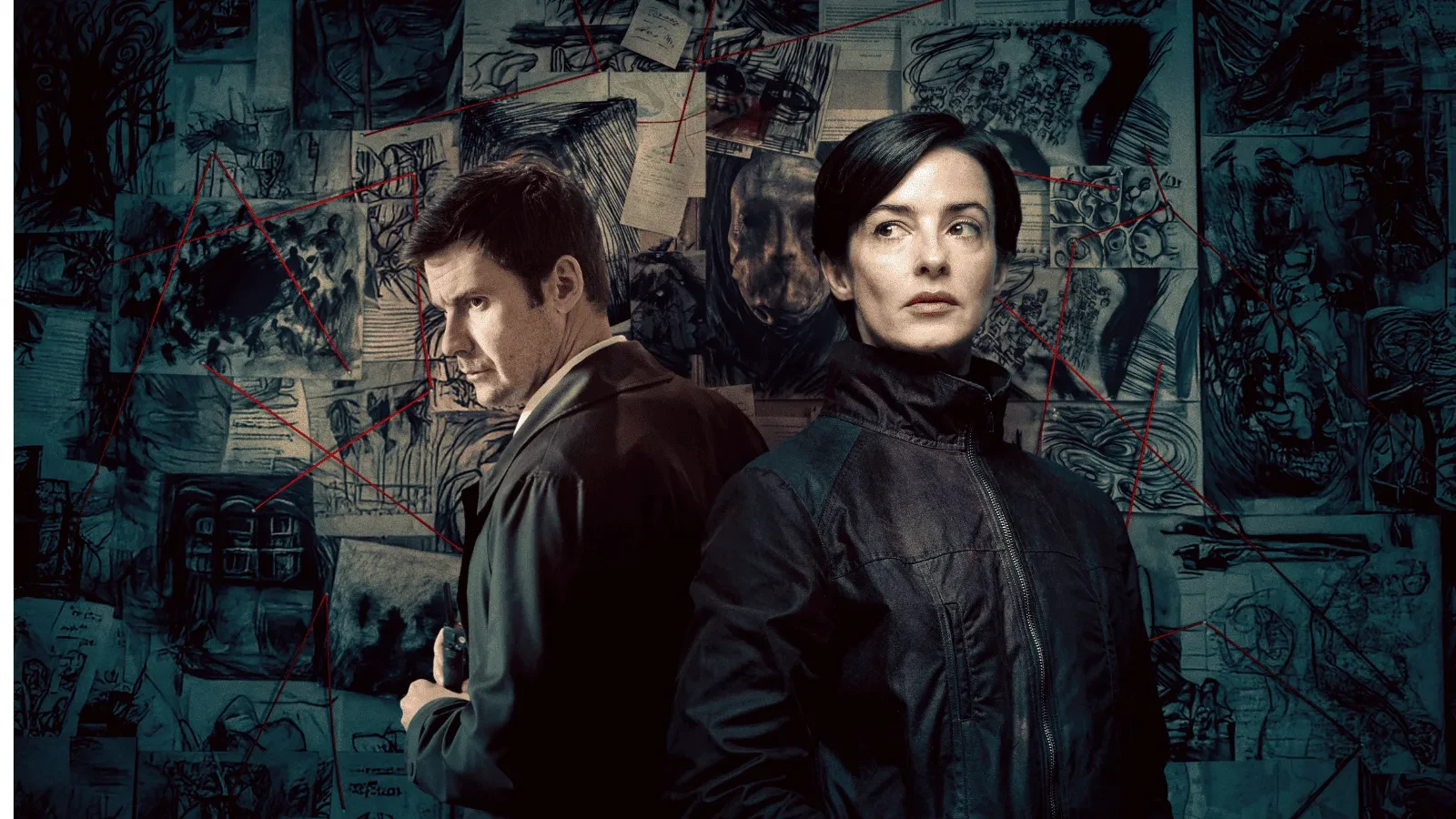 Promotional image for the 2026 serial killer drama series The Dark, featuring Laura Donnelly and Mark Rowley