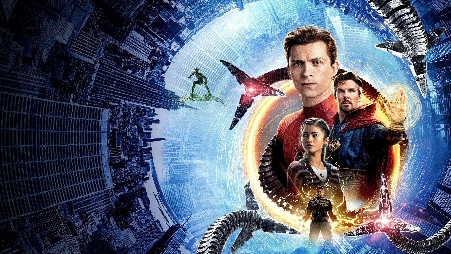 Promotional key art for the 2021 Marvel Studios film Spider-Man: No Way Home, featuring Tom Holland, Zendaya, and Benedict Cumberbatch