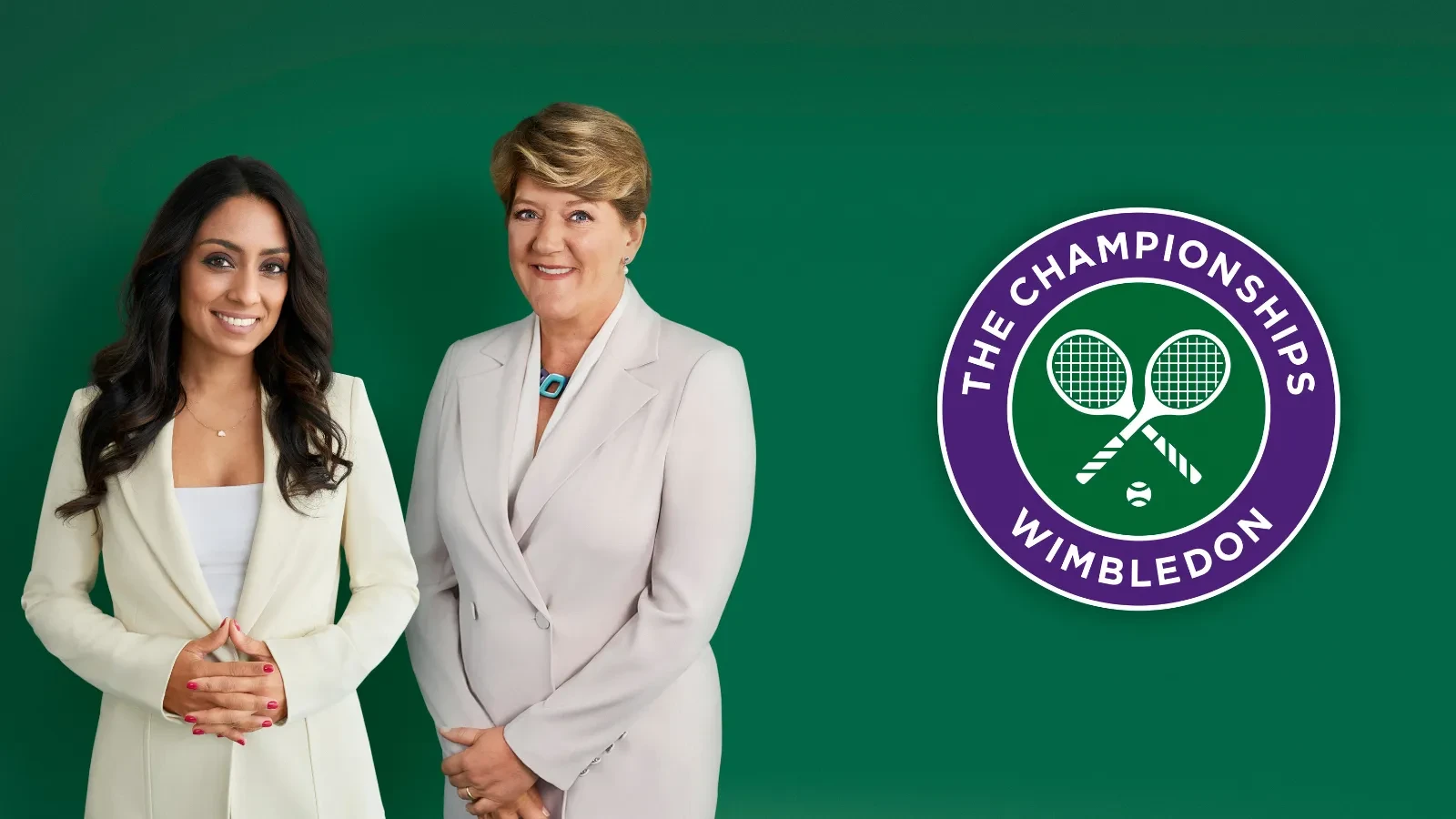 Wimbledon promotional image shows presenters Clare Balding and Isa Guha standing alongside the tournament logo