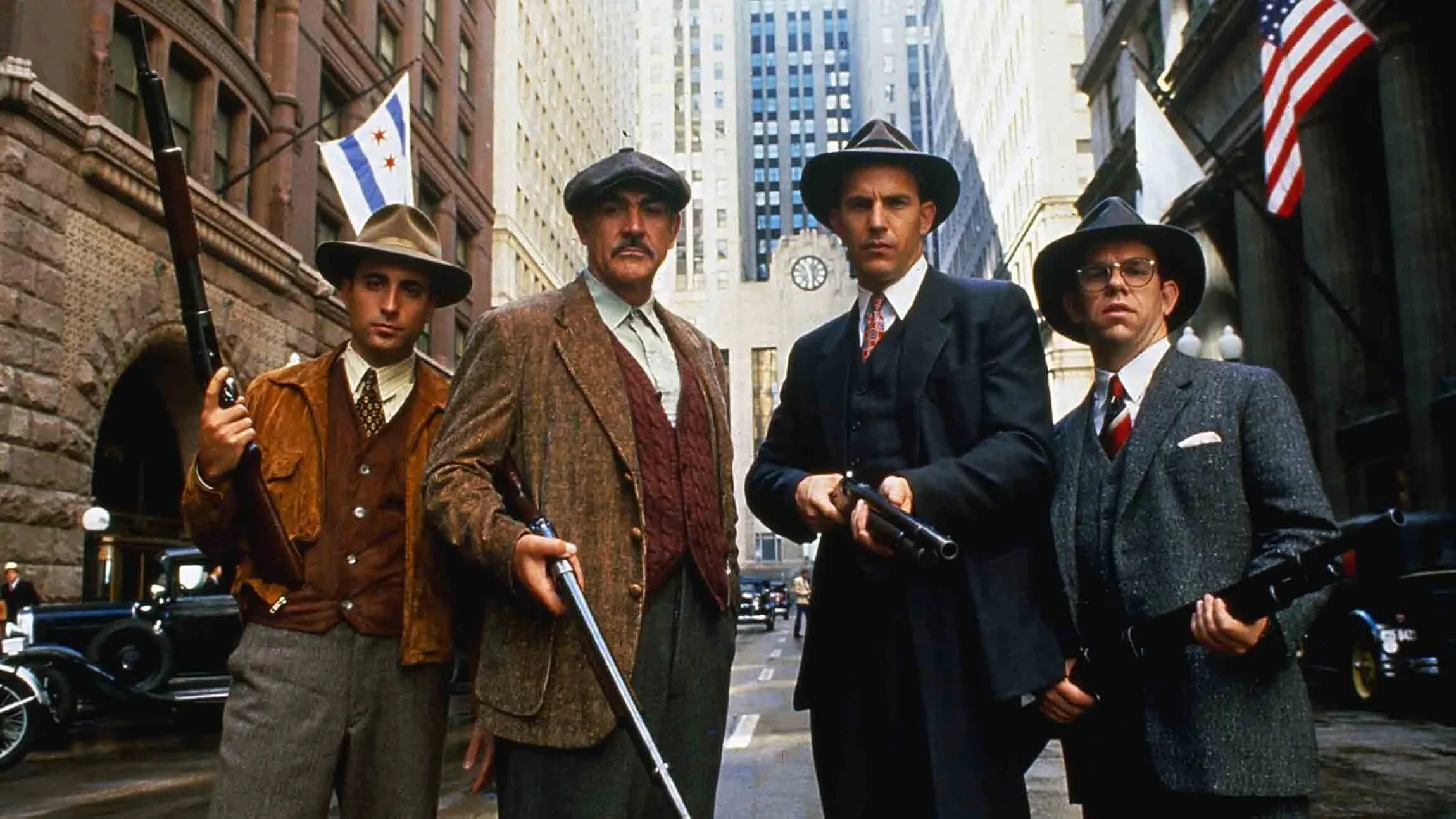 Promotional image for the 1987 crime drama The Untouchables, featuring Andy García, Sean Connery, Kevin Costner, and Charles Martin Smith