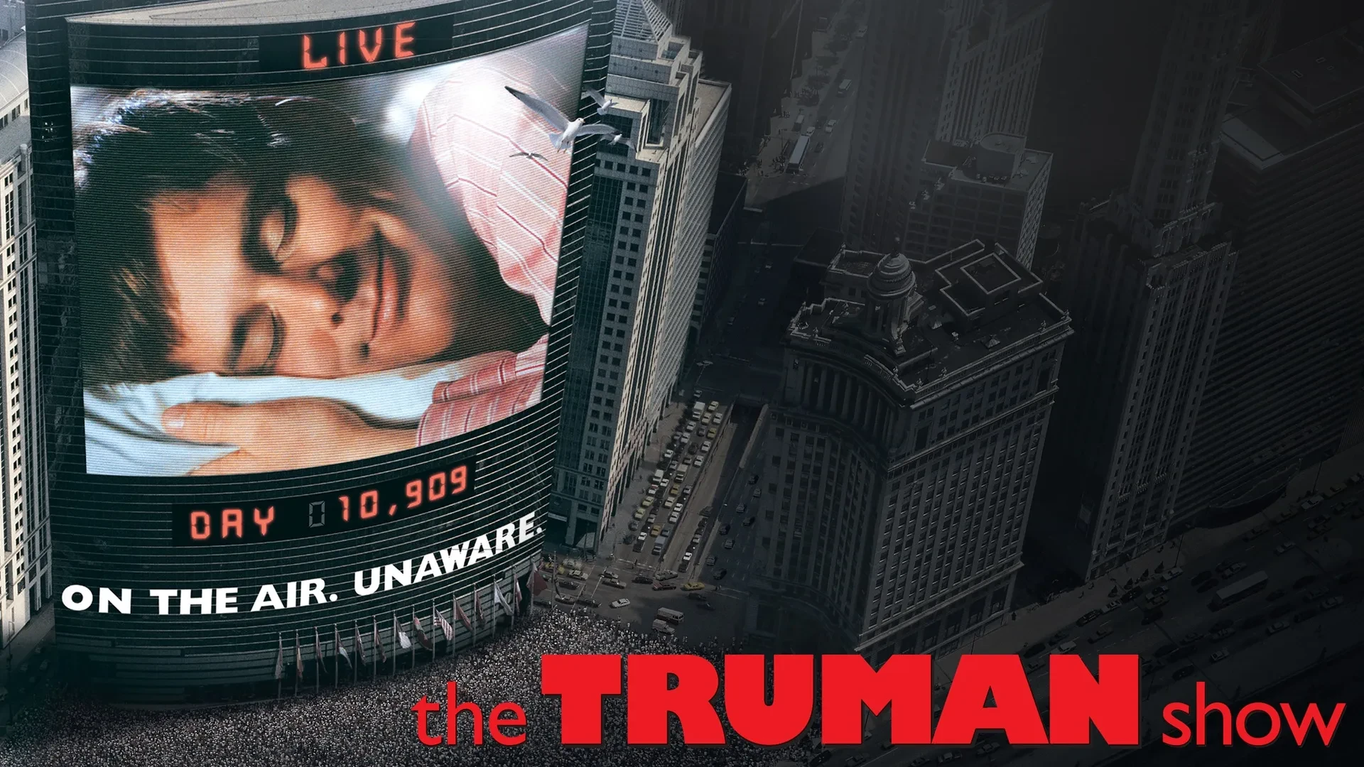 The Truman Show promotional image shows Jim Carrey as Truman Burbank