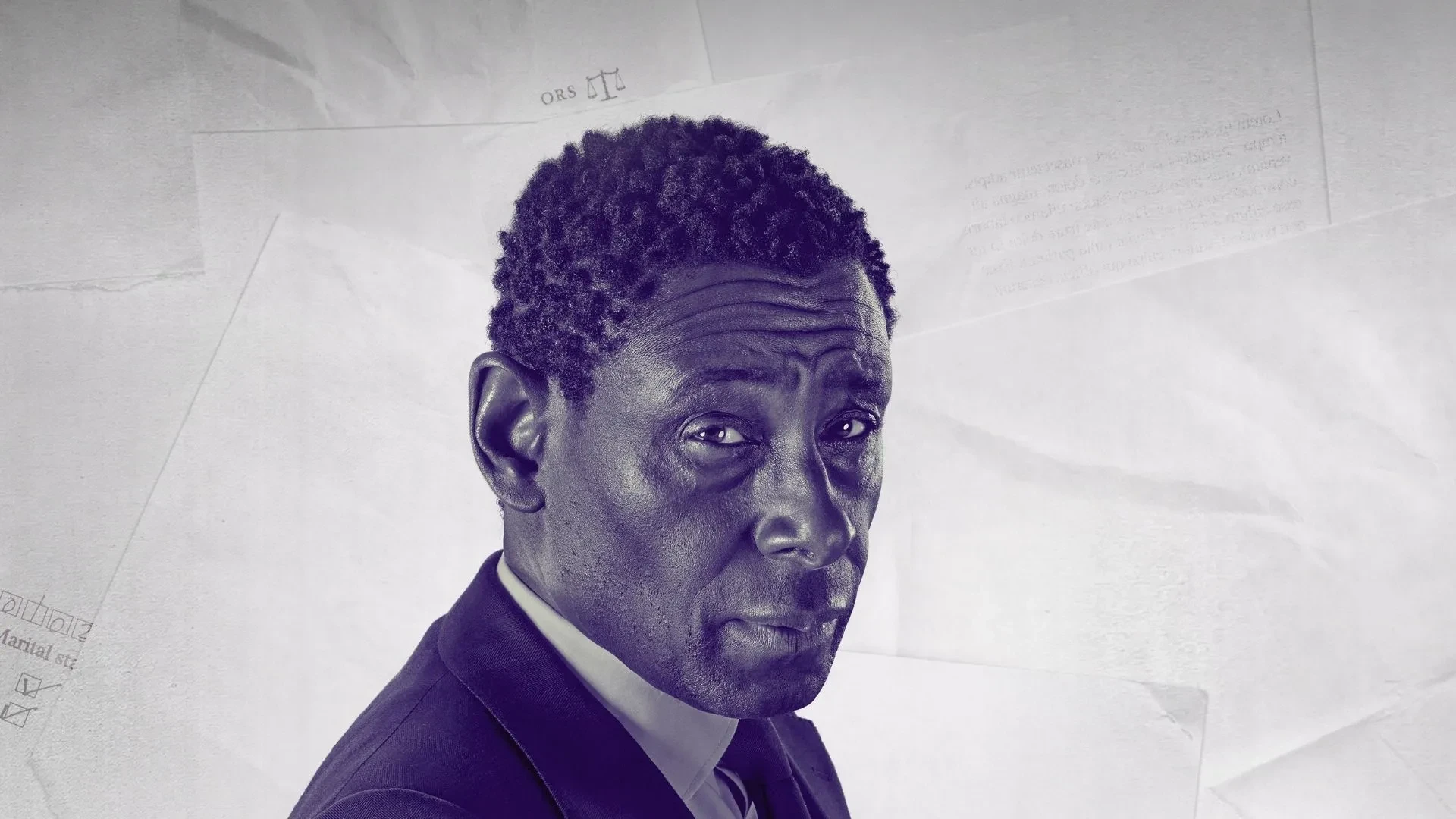 Black and white close up of David Harewood in Pierre staring intently into the camera.