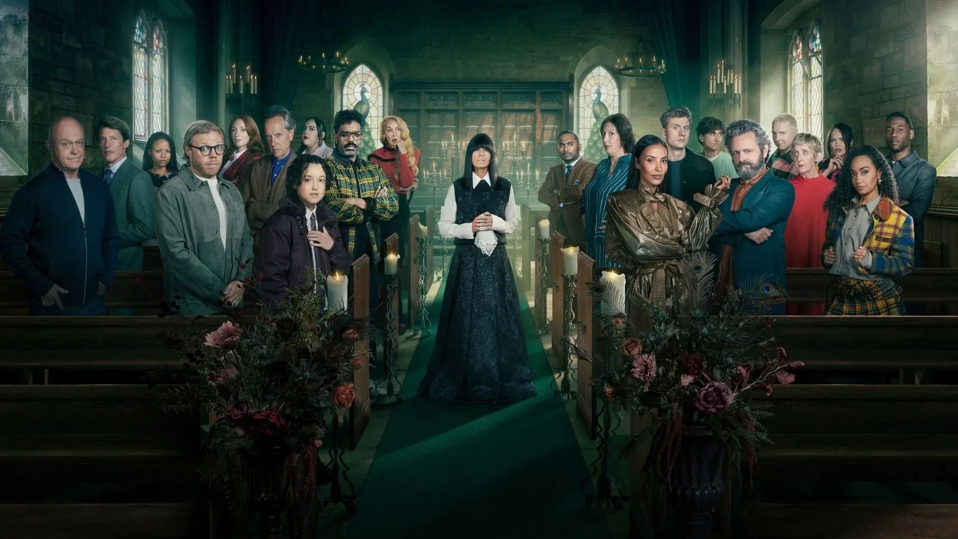 Key art for Celebrity Traitors 2026 containing all of the participating celebrities wearing dark clothing