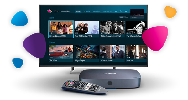 The Freesat Recordable 4K TV Box with a TV showing the Freesat TV Guide home screen.